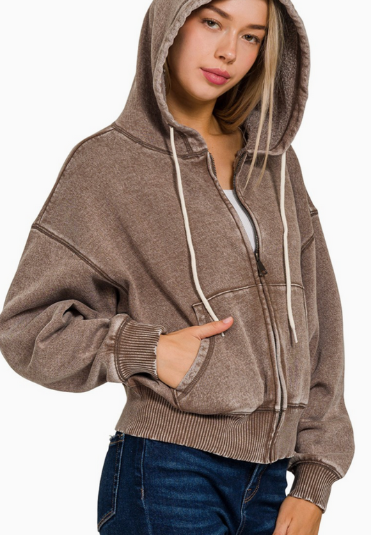 ACID WASH FLEECE CROPPED ZIP-UP HOODIE W POCKETS