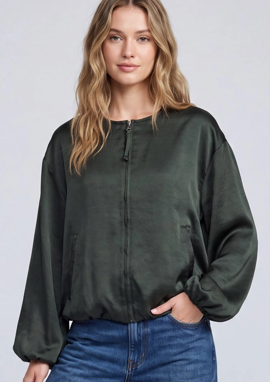 WOVEN SATIN BUBBLE HEM ZIP UP JACKET WITH POCKETS