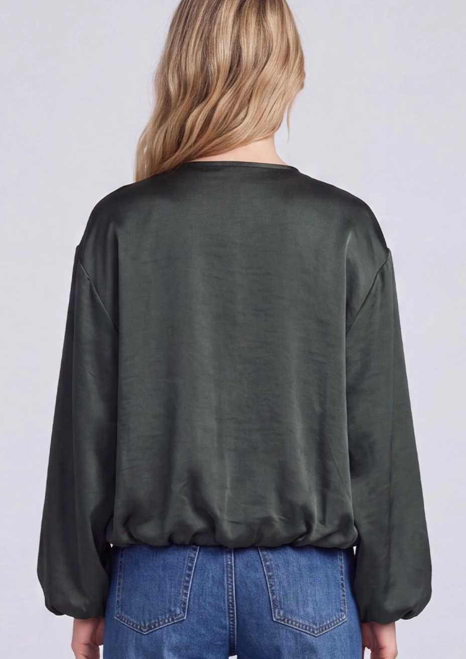 WOVEN SATIN BUBBLE HEM ZIP UP JACKET WITH POCKETS