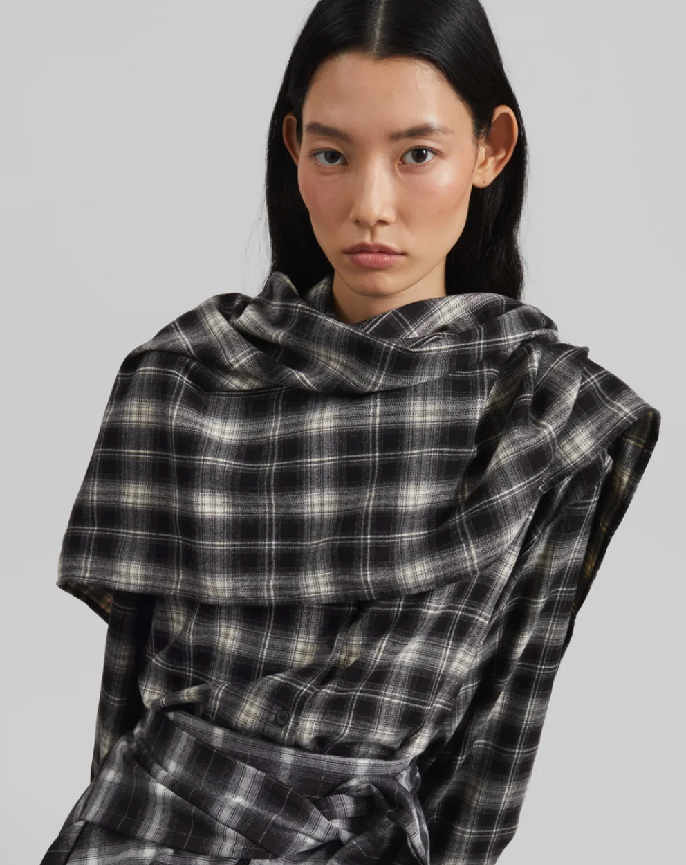 BUTTON DOWN PLAIID TOP WITH SCARF