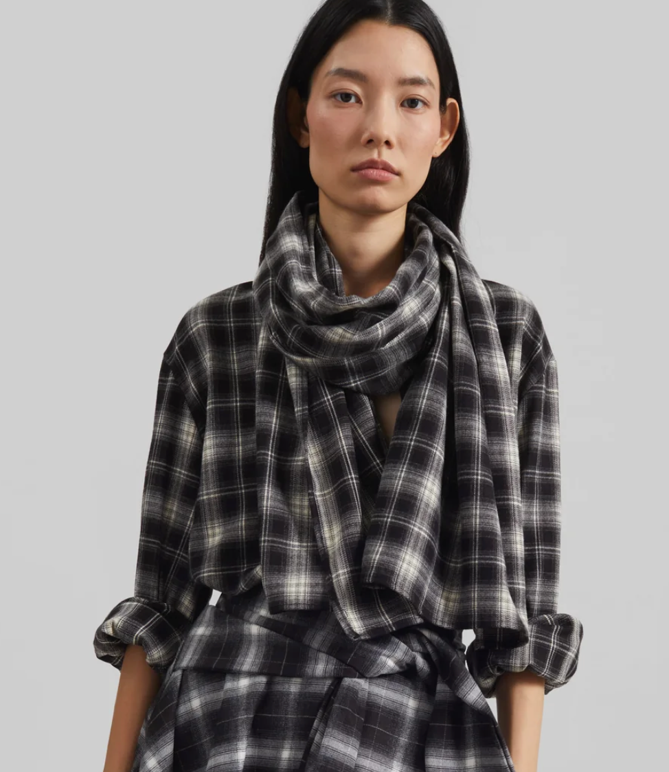 BUTTON DOWN PLAIID TOP WITH SCARF