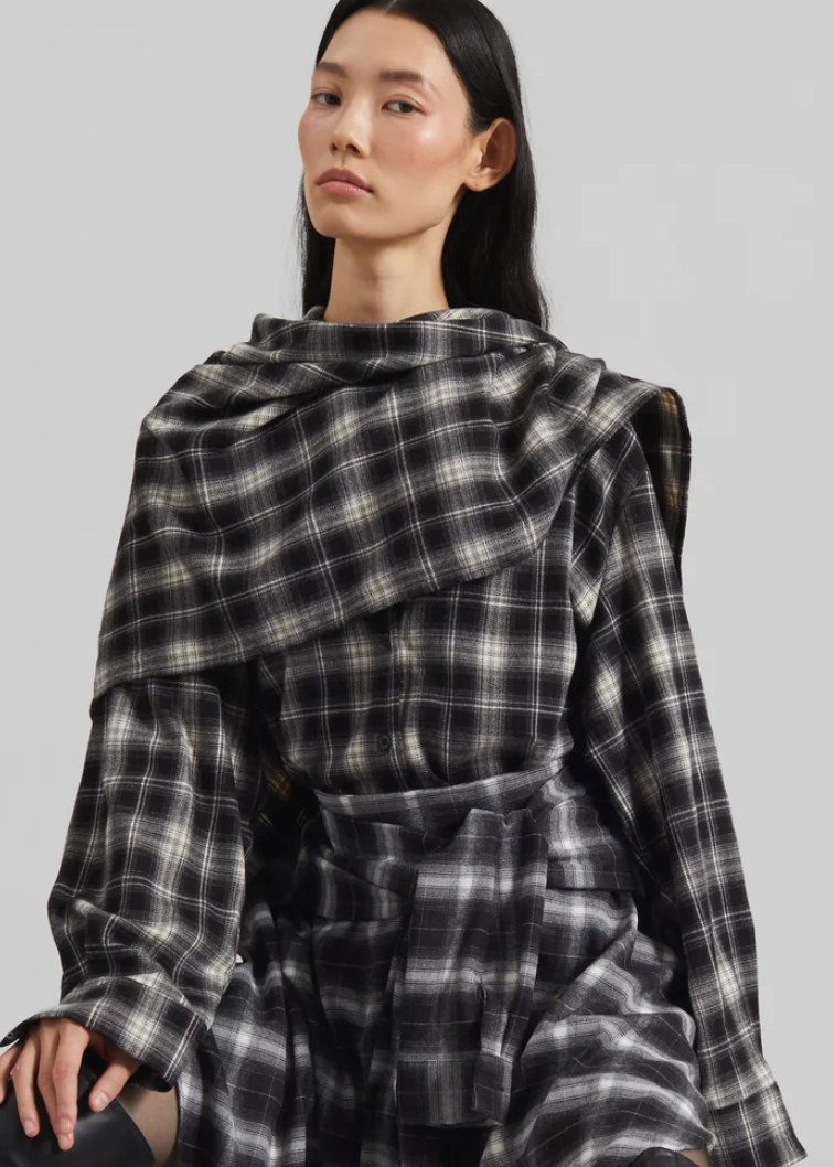 BUTTON DOWN PLAIID TOP WITH SCARF
