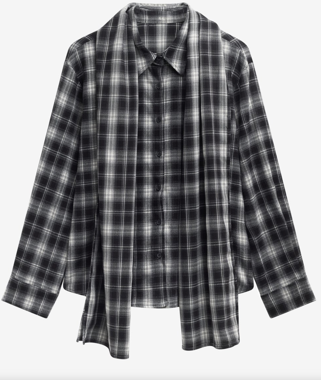 BUTTON DOWN PLAIID TOP WITH SCARF