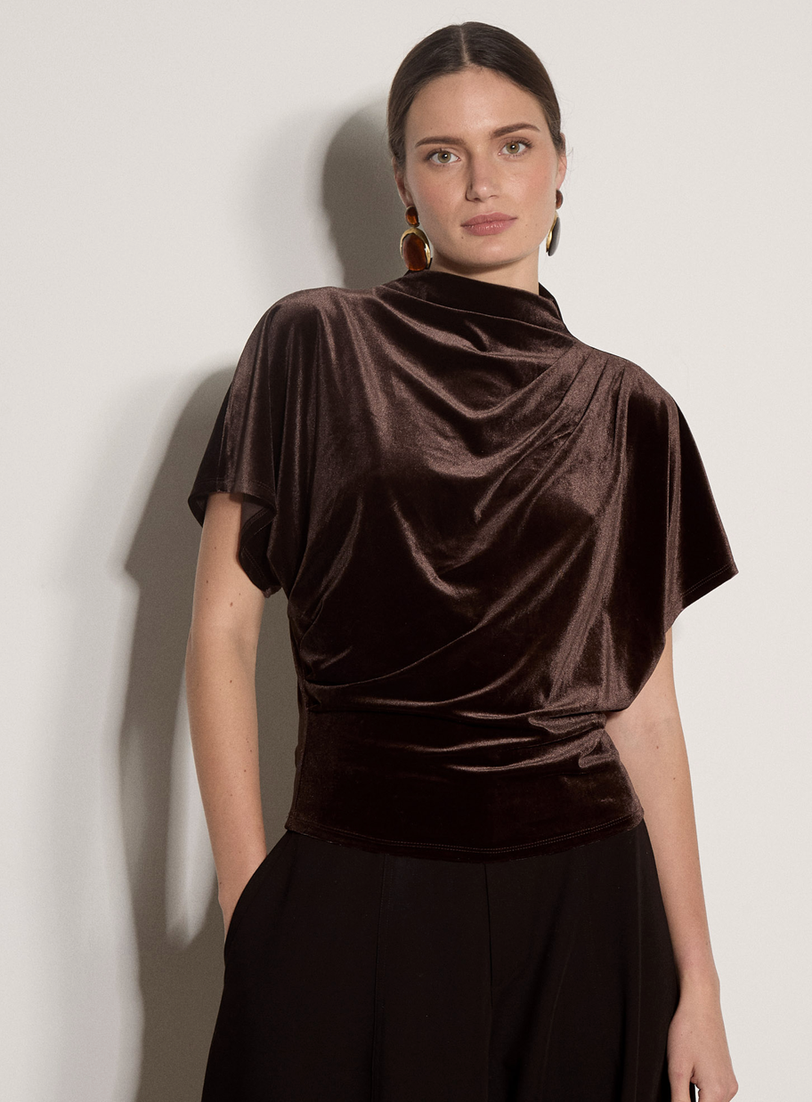VELVET HIGH COWL NECK SHORT SLEEVE TOP