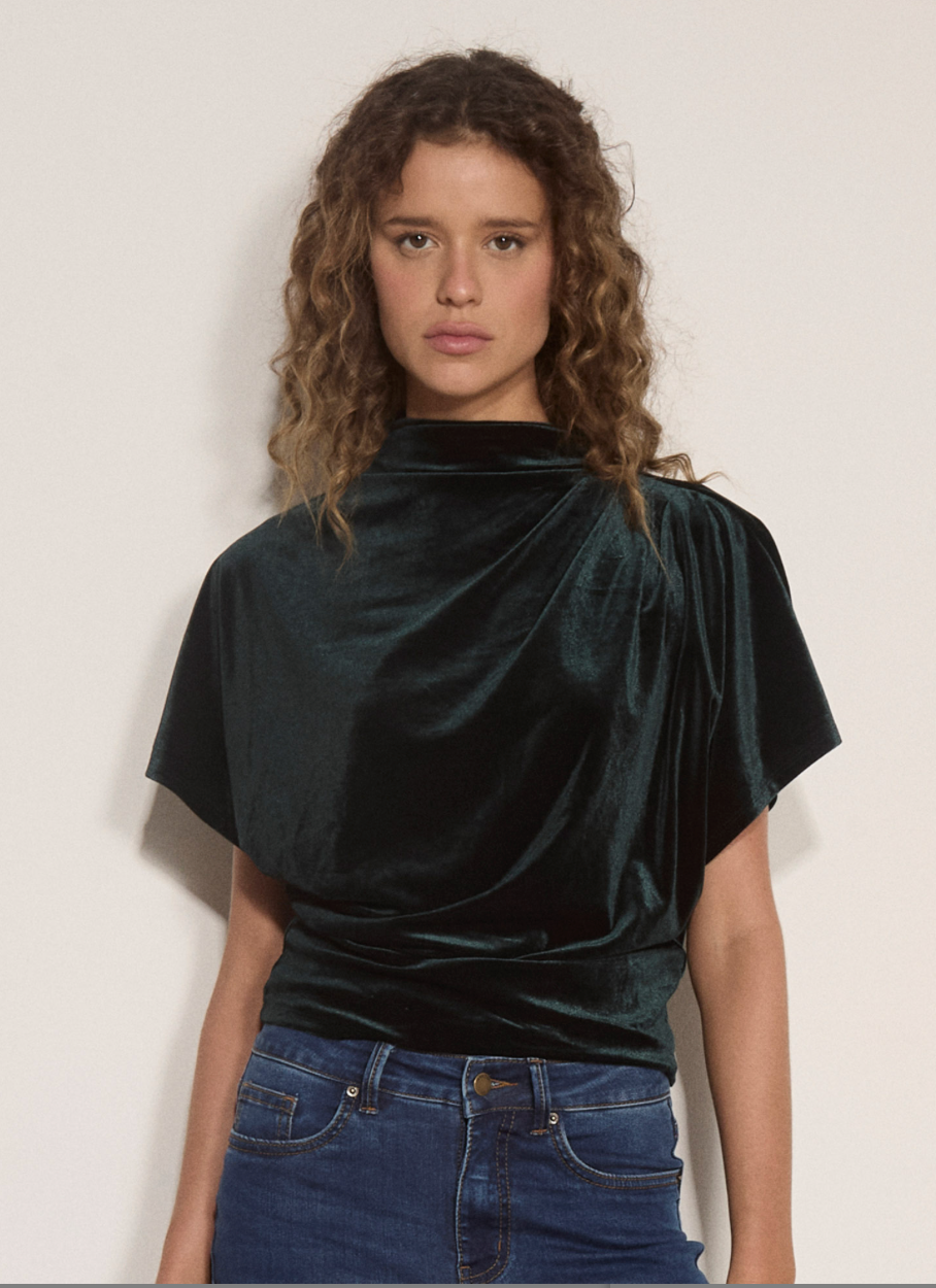 VELVET HIGH COWL NECK SHORT SLEEVE TOP