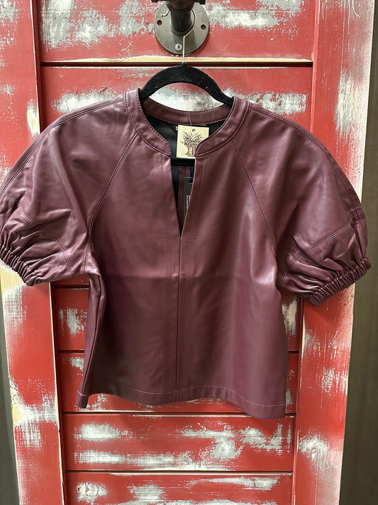 ROXANNE STEVE MADDEN FAUX LEATHER V CUT NECK SHORT SLEEVE TOP