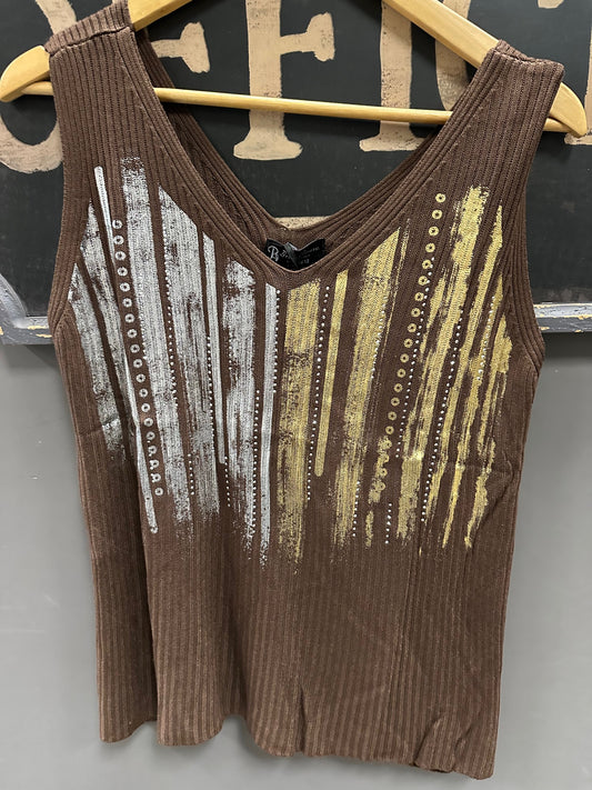 V-NECK LIGHT WEIGHT KNIT SWEATER TANK WITH METALLIC DESIGN