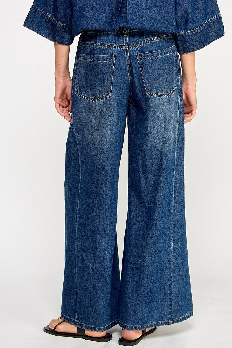 DRAWSTRING WIDE DENIM PANTS