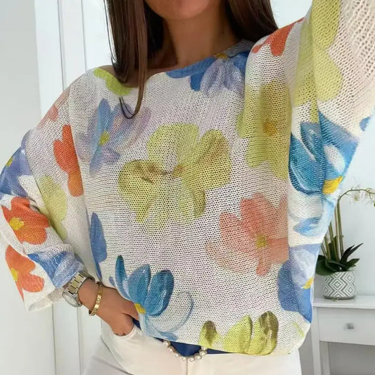WHITE FLORAL BOAT NECK KNIT PRINTED TOP