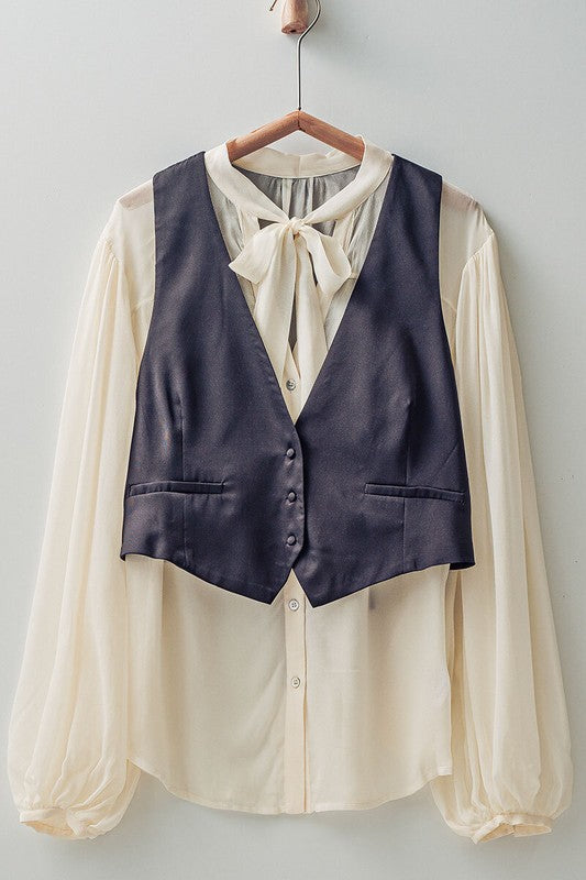 SHEER CONTRAST BLOUSE AND VEST SET