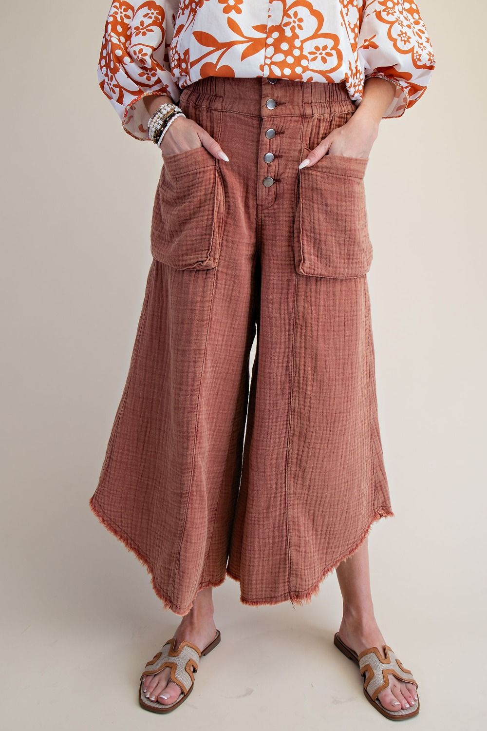 WASHED COTTON GAUZE PALAZZO PANTS