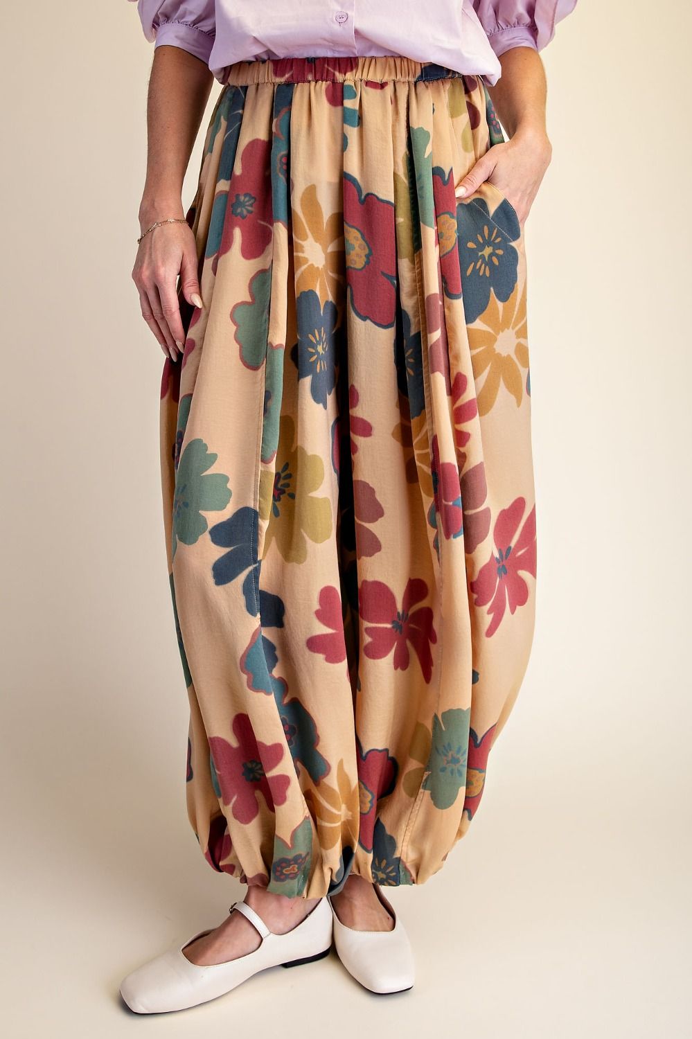 PRINTED WASHED SATIN ALADDIN PANTS