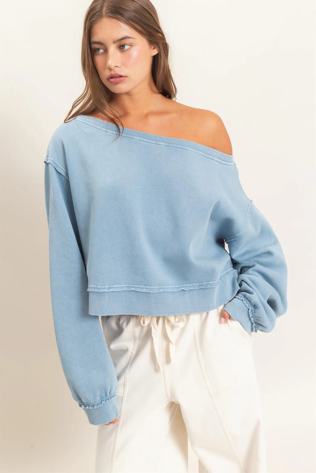 ACID WASHED RAW EDGE OFF THE SHOULDER SWEATSHIRT