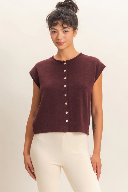 SLEEVELESS BUTTON DOWN ROUND NECK KNIT SWEATER VEST
