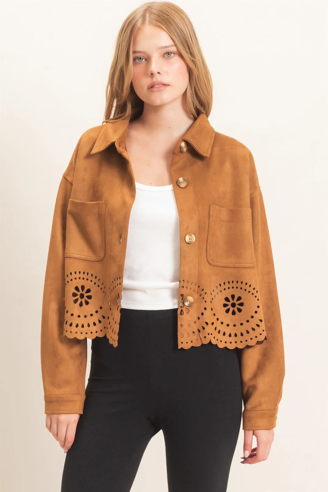 FAUX SUADE JACKET WITH LASER CUT HEM