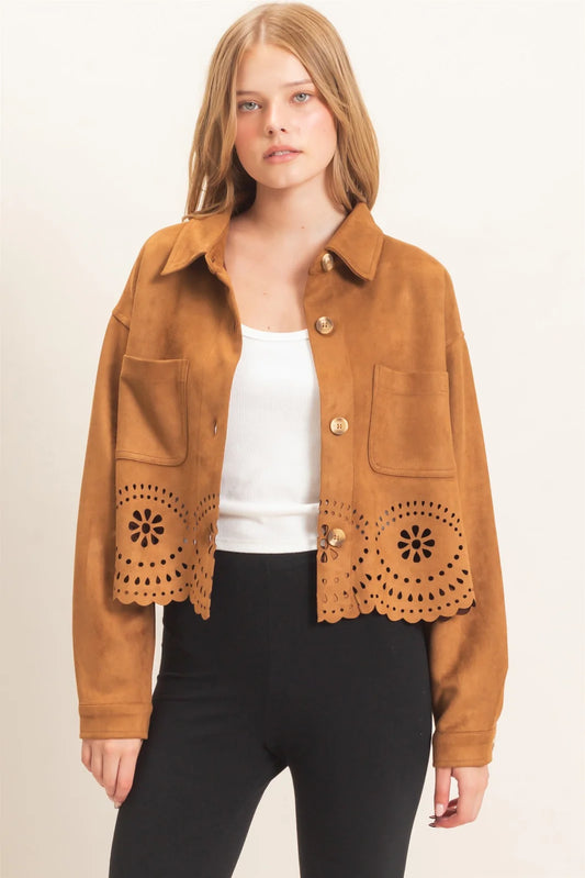 FAUX SUADE JACKET WITH LASER CUT HEM