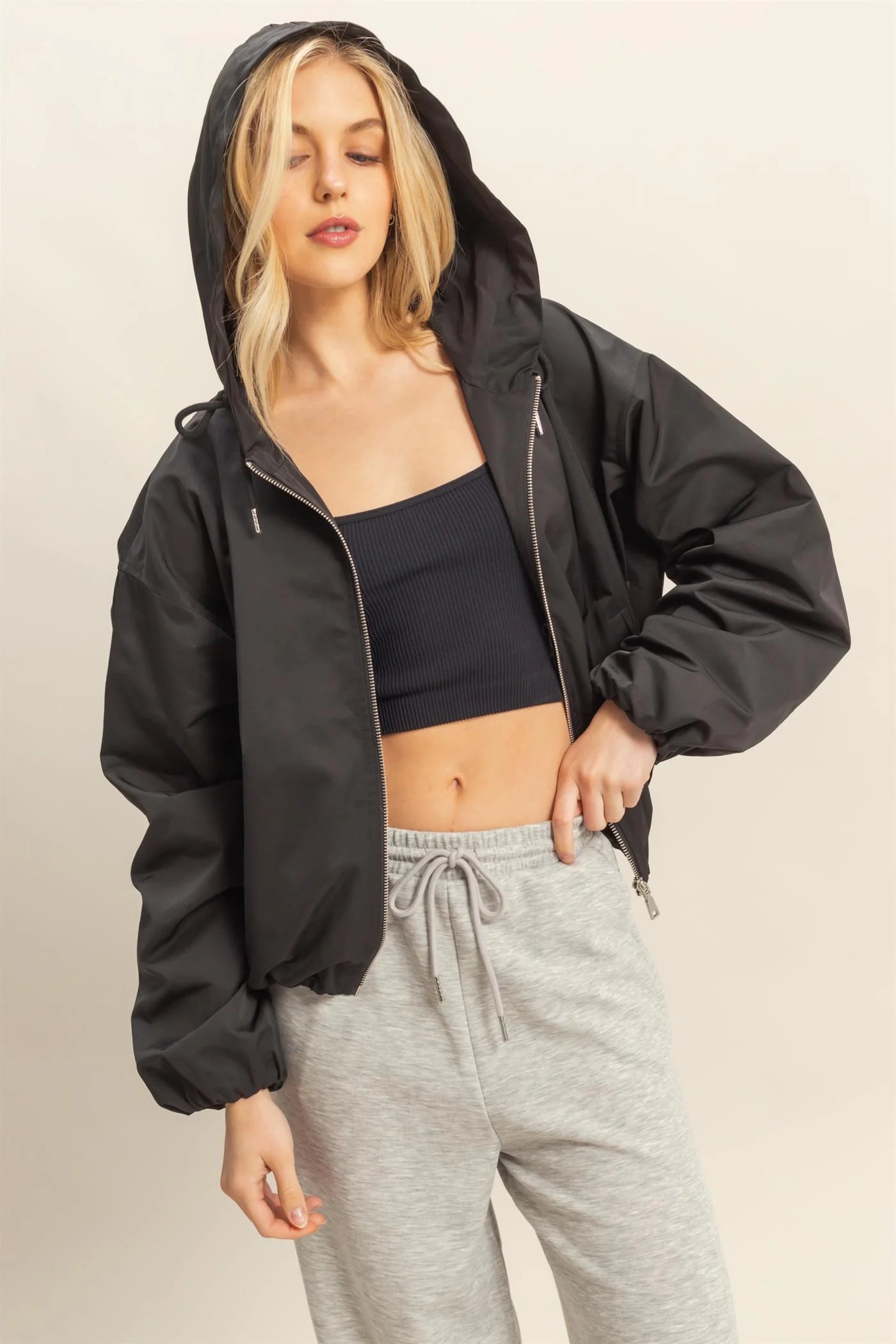 MODERN HOODED JACKET CINCHED ELASTIC HEM