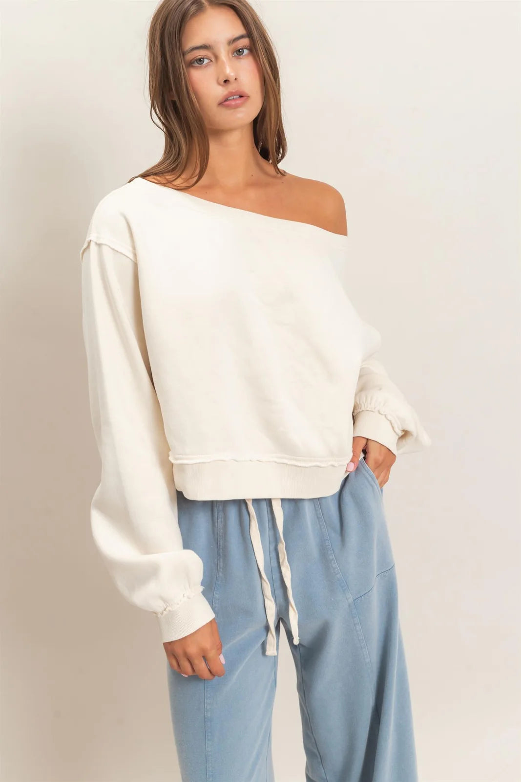 ACID WASHED RAW EDGE OFF THE SHOULDER SWEATSHIRT