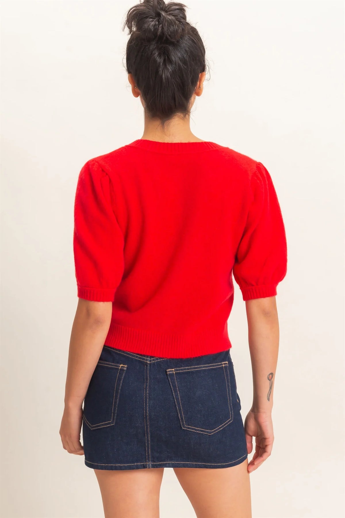 BUTTON FRONT PUFF SHORT SLEEVE CARDIGAN