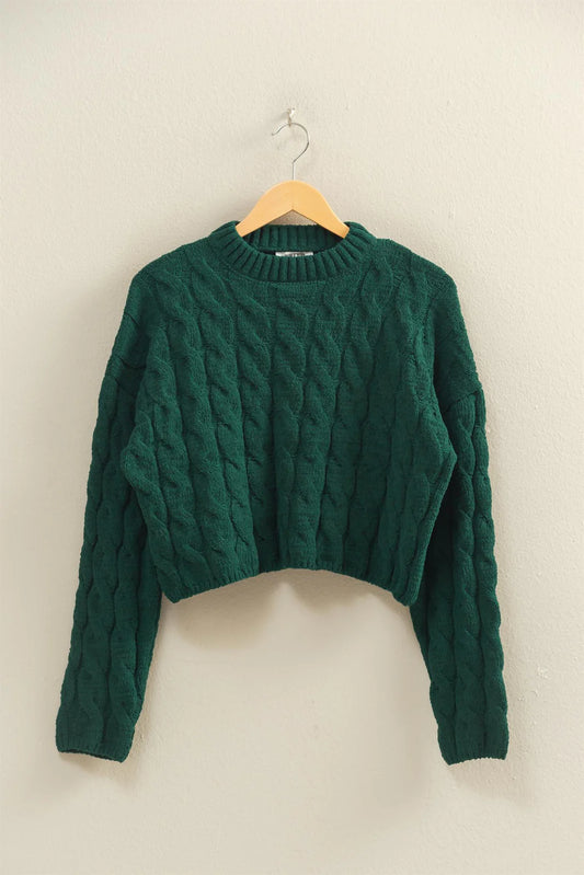 TEXTURED CREW NECK CABLE KNIT SWEATER