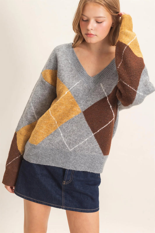 ARGYLE V-NECK PATTERN SWEATER