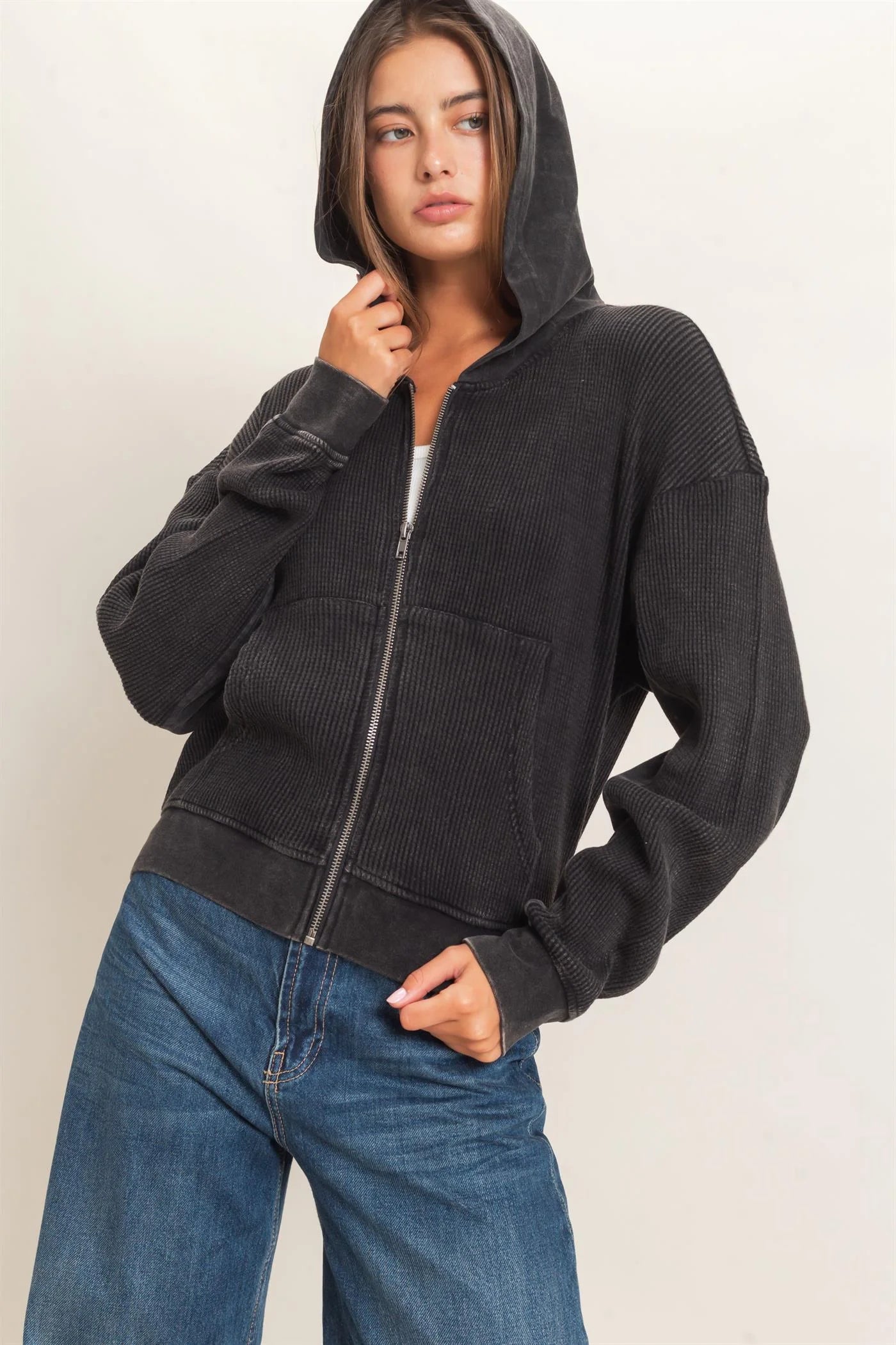 ACID WASH WAFFLE KNIT ZIP UP HOODIE