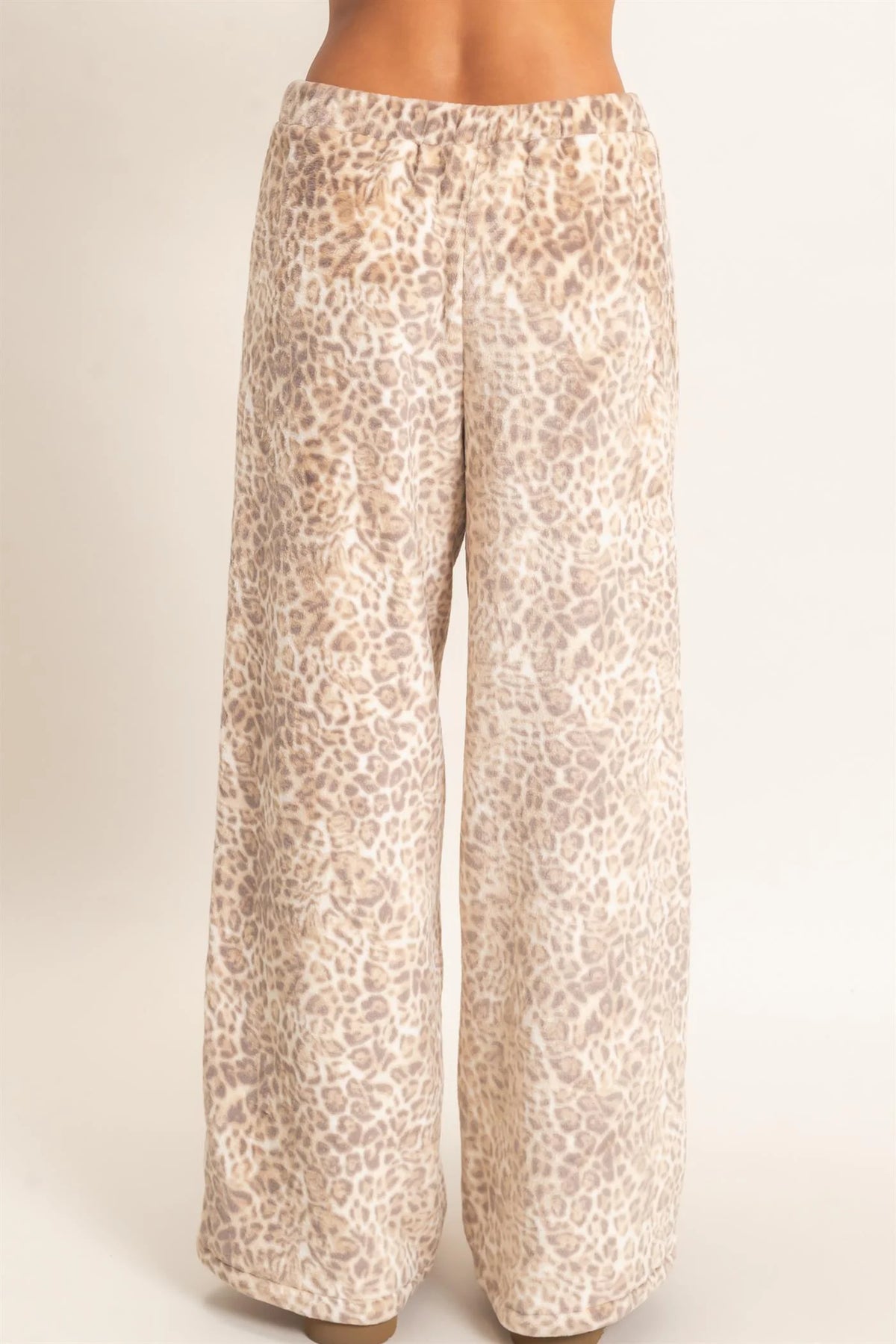 LEOPARD PRINT FLEECE WIDE LEG PANTS