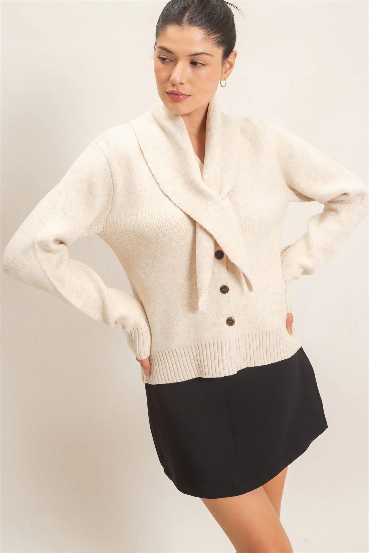 ATTACHED SCARF BUTTON FRONT CARDIGAN