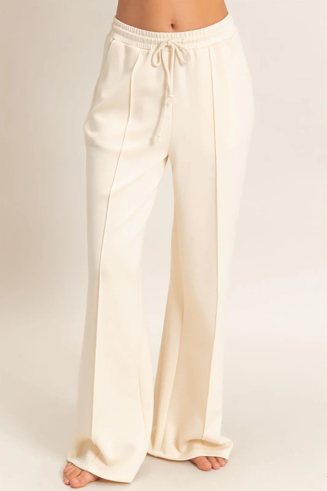 DRAWSTRING WAIST PINTUCK WIDE LEG PANTS