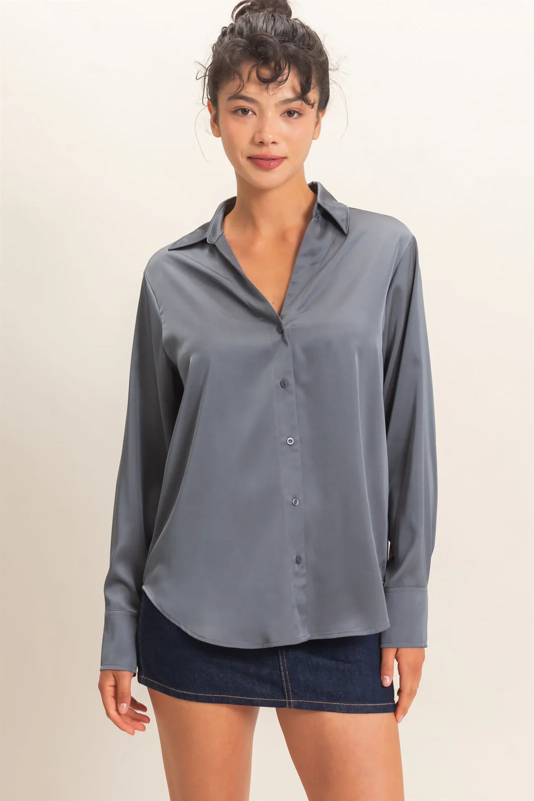 LONG SLEEVE V-NECK BUTTON DOWN SATIN BLOUSE