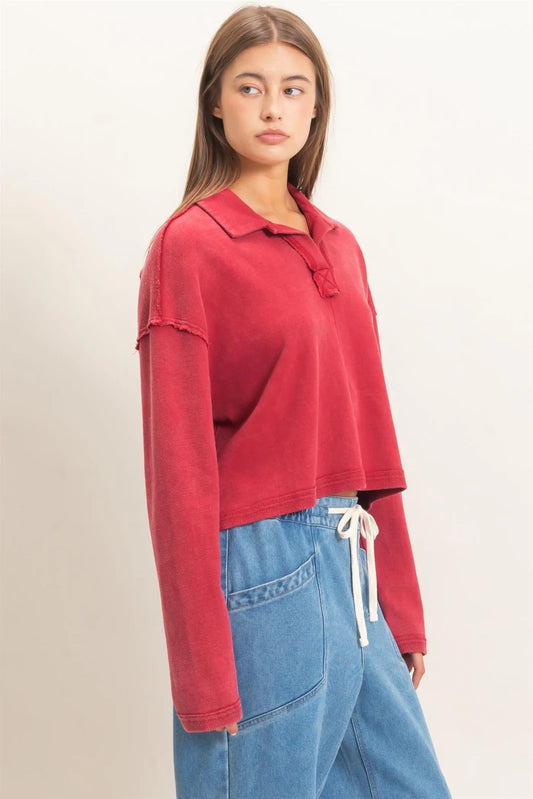 MINERAL WASH TEXTURED COLLAR TOP