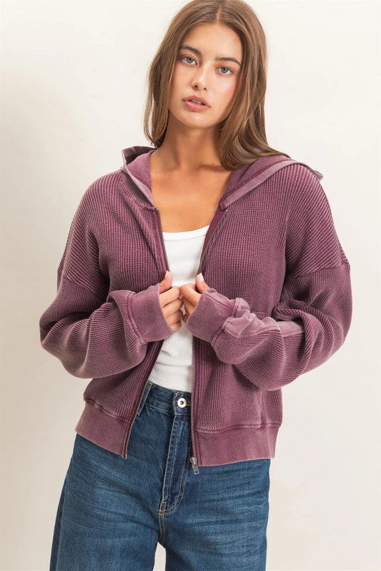ACID WASH WAFFLE KNIT ZIP UP HOODIE