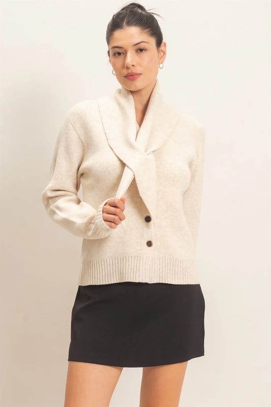 ATTACHED SCARF BUTTON FRONT CARDIGAN