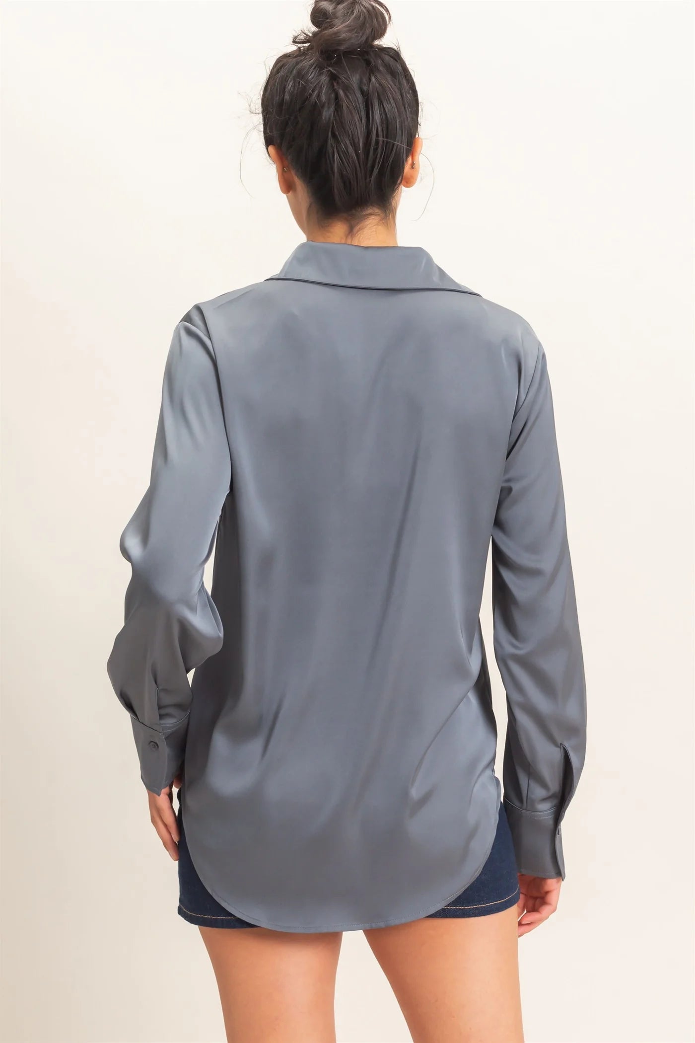LONG SLEEVE V-NECK BUTTON DOWN SATIN BLOUSE