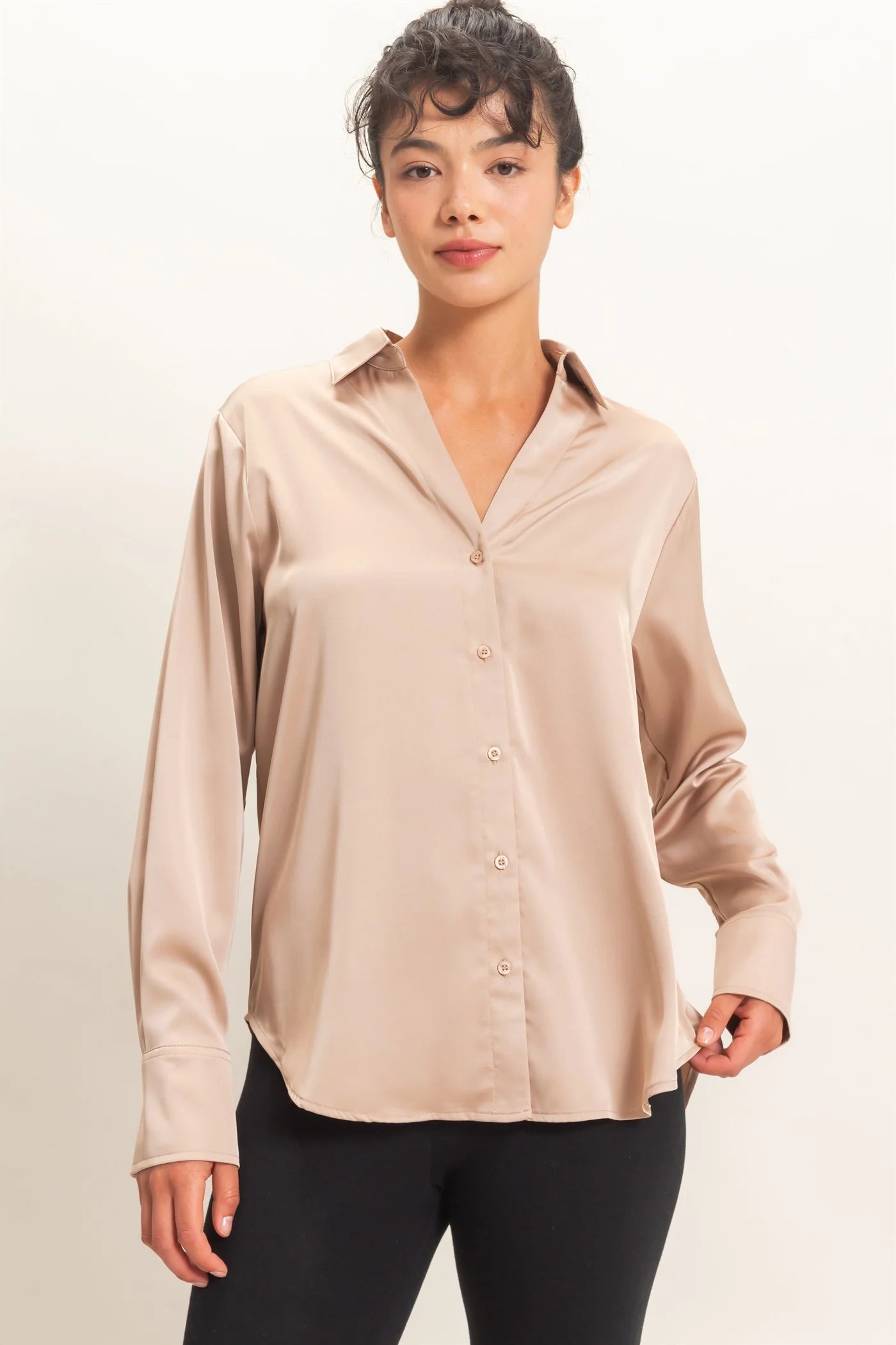 LONG SLEEVE V-NECK BUTTON DOWN SATIN BLOUSE