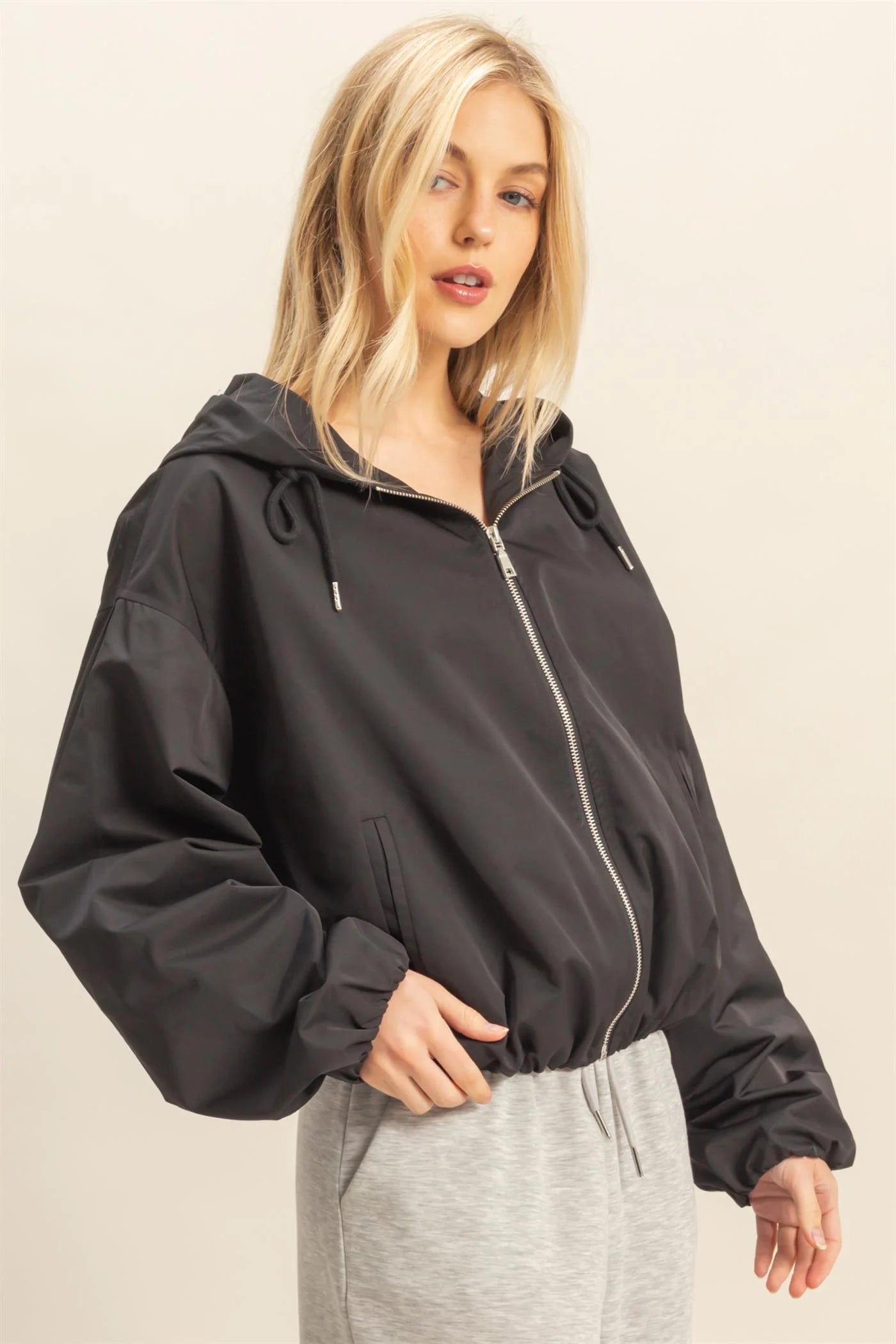 MODERN HOODED JACKET CINCHED ELASTIC HEM