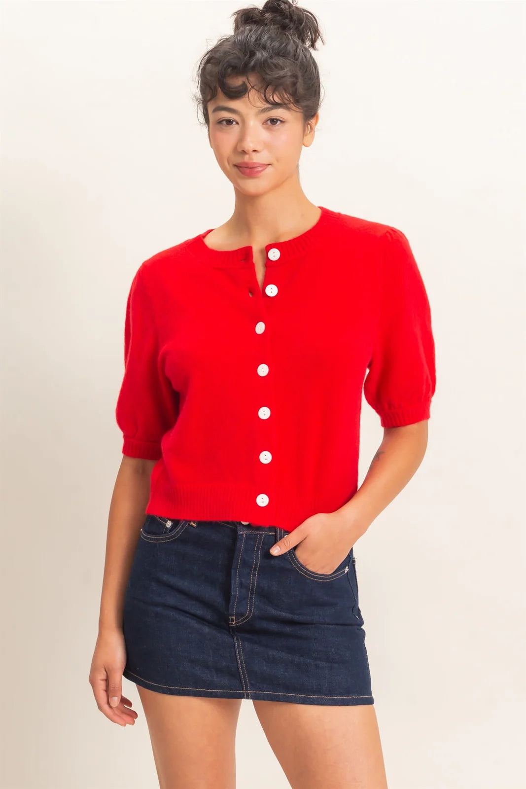 BUTTON FRONT PUFF SHORT SLEEVE CARDIGAN
