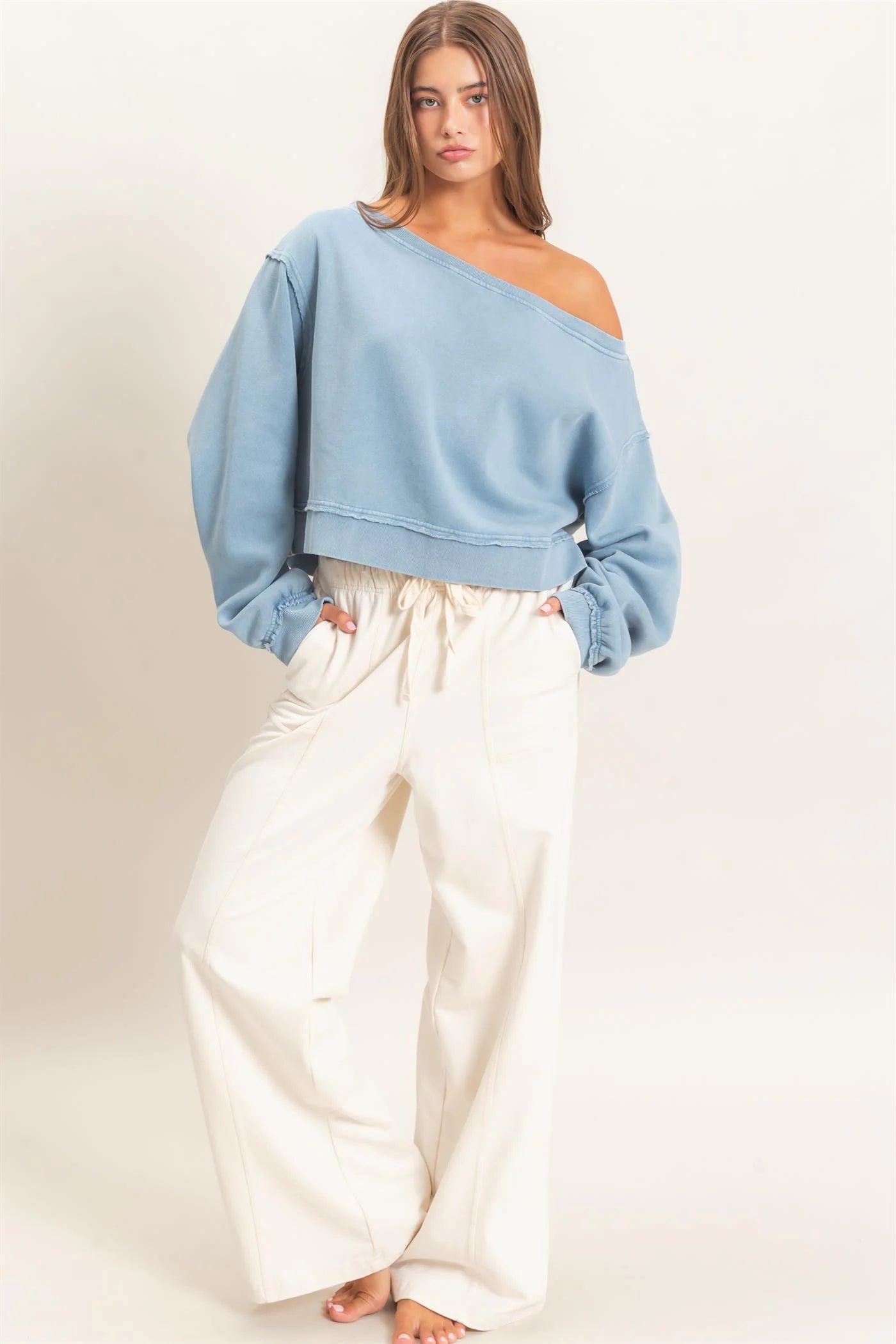 ACID WASHED RAW EDGE OFF THE SHOULDER SWEATSHIRT