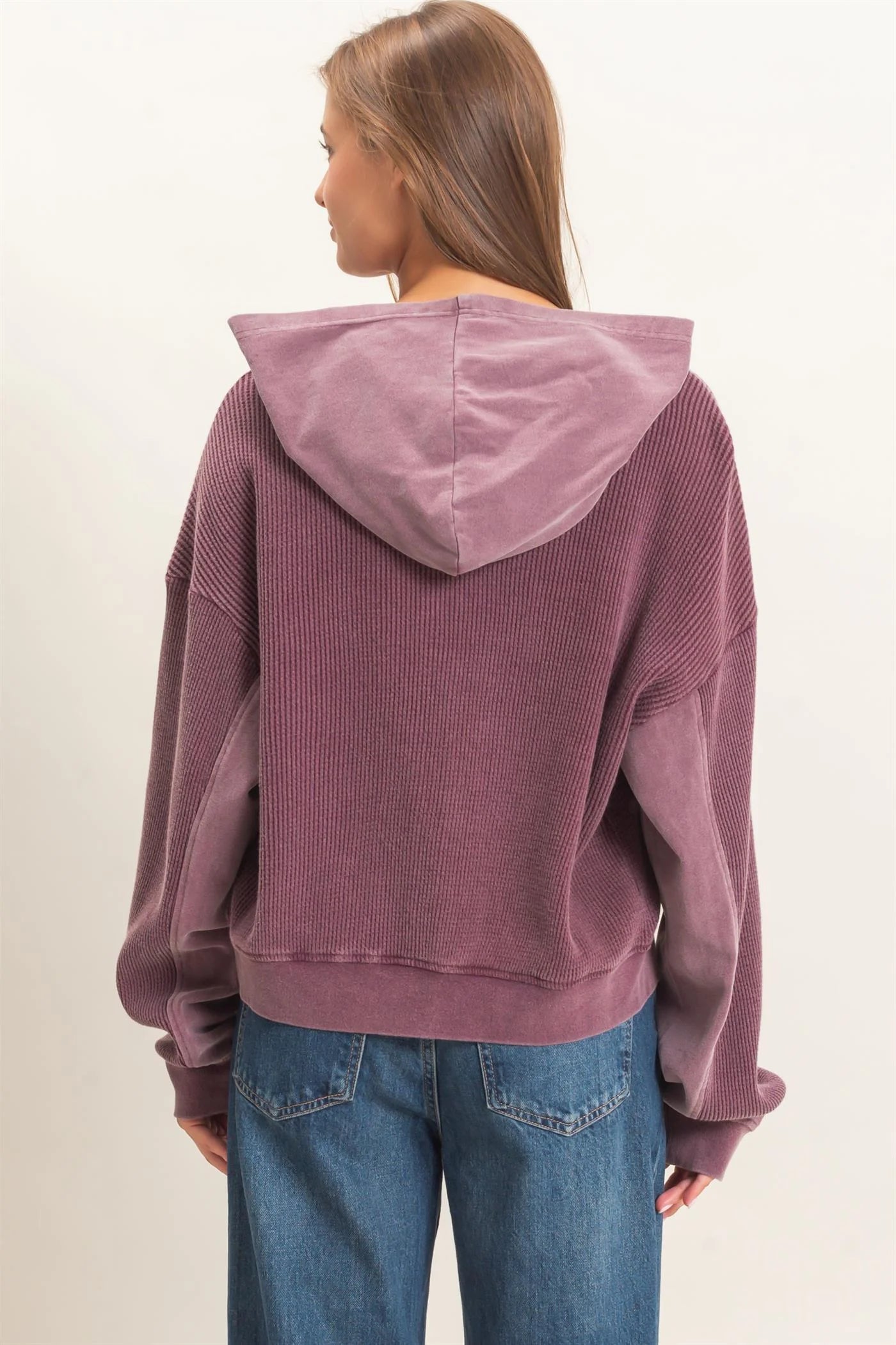 ACID WASH WAFFLE KNIT ZIP UP HOODIE