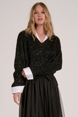 V-NECK SPARKLE SWEATER WITH PEEK A BOO WHITE BLOUSE