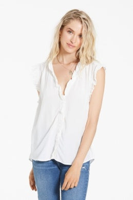 SLEEVELESS, RUFFLE, RELAXED FIT BUTTON DOWN