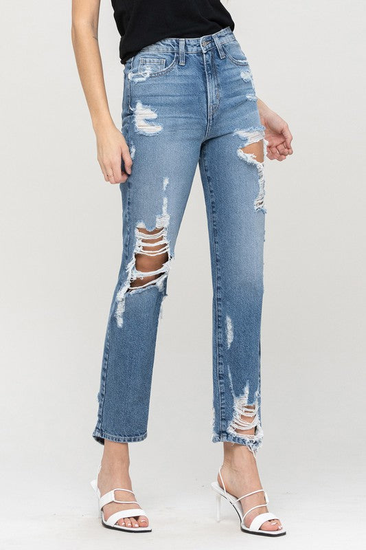 RIPPED HIGH RISE ANKLE JEANS