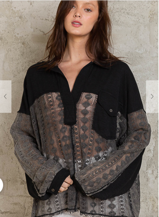DESIGN COLLARED SHIRT, RELAXED FIT, FEATURED IN RIB AND LACE